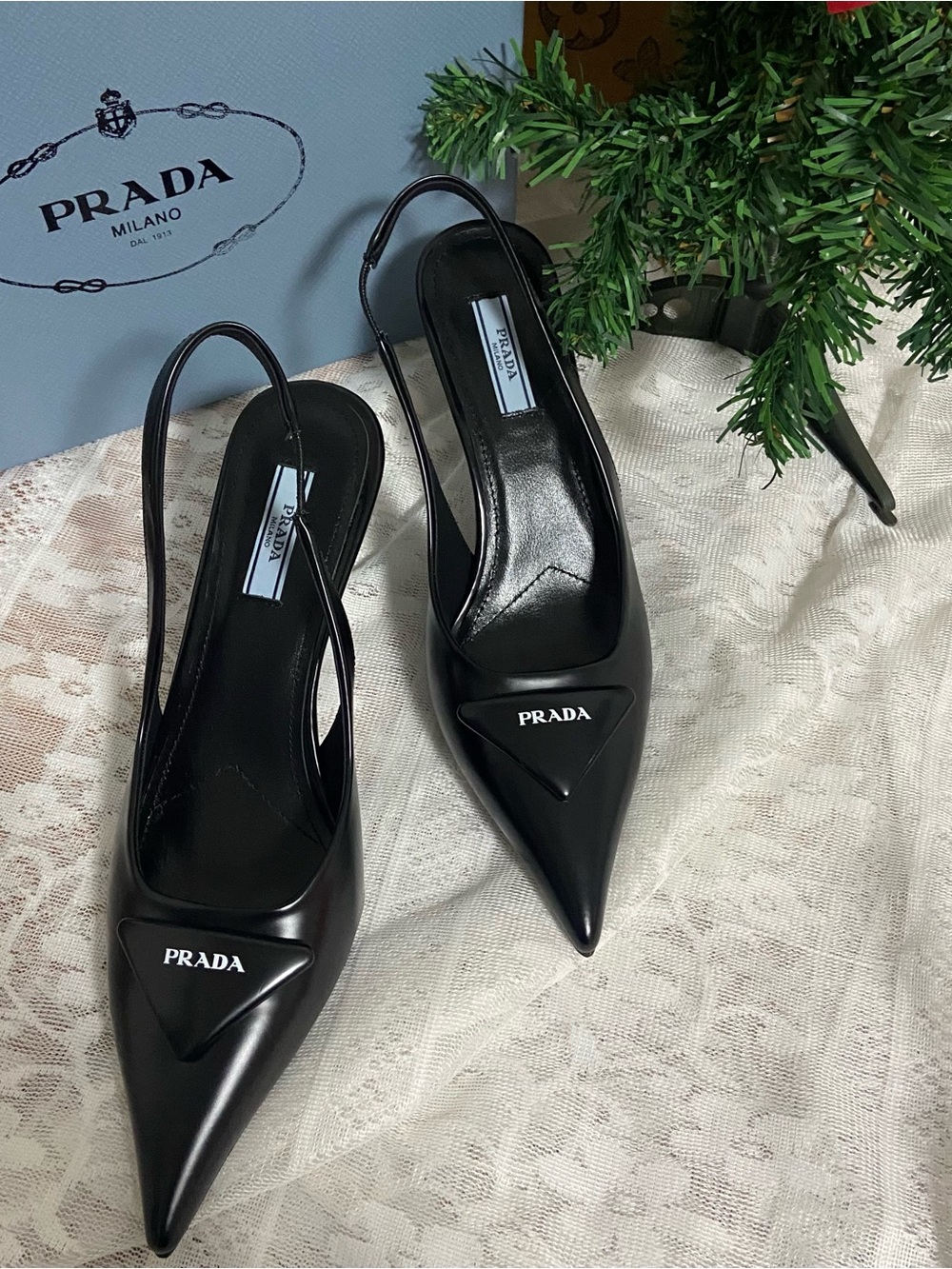 Prada Black Pointed Logo Slingback Pumps